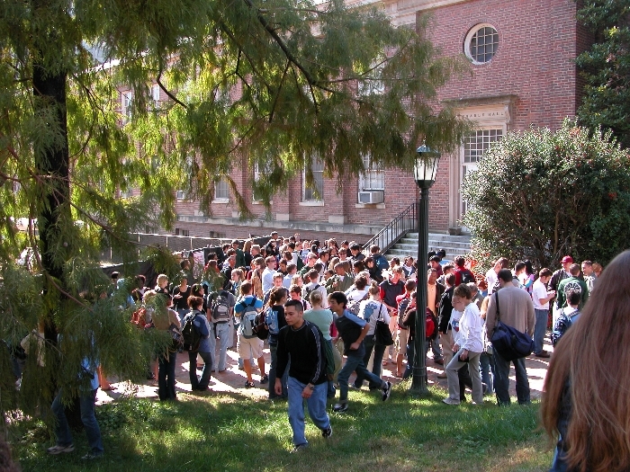 students waiting outside university halls after fire drill